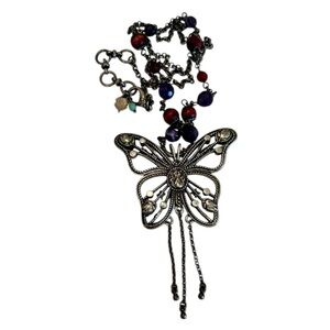 Lucky Brand 90s Y2K Butterfly Fringe Long Beaded Necklace Boho Costume Jewelry